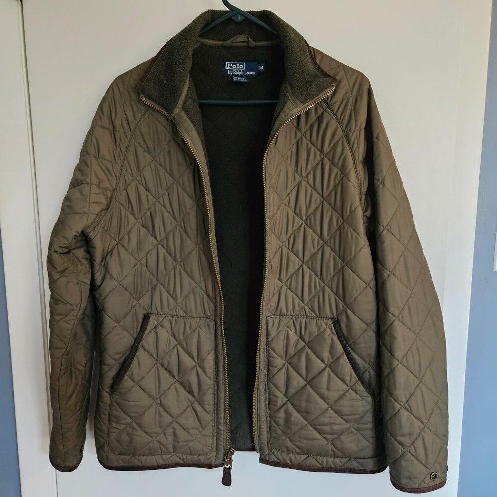 Vintage Ralph Lauren Quilted Dark Green Jacket with Leather Trim - Picture 2 of 6